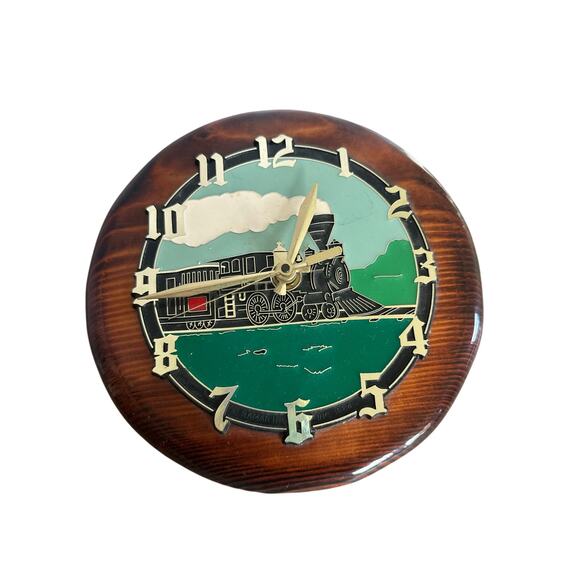Vintage 1984 Ramar Train Wall Clock 8” Wood Railroad Locomotive Quartz - Picture 1 of 2